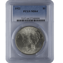SILVER DOLLARS - 1921-1935 AMERICAN SILVER PEACE DOLLAR PCGS64